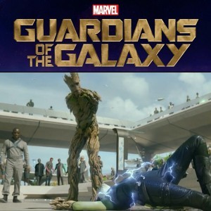 Phoenix James on planet Xandar with Groot and Gamora in Guardians of the Galaxy