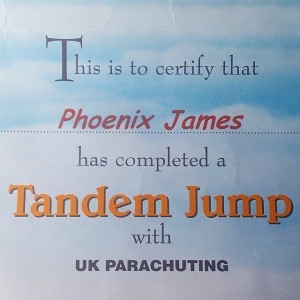 Phoenix James - Tandem Skydiving Certificate