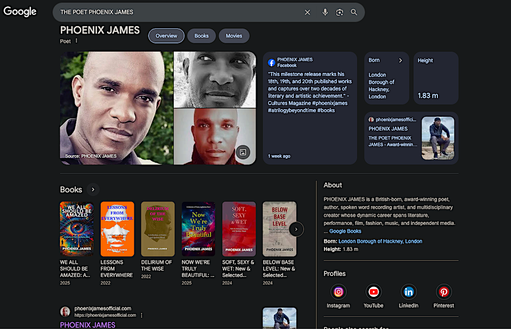 Google Knowledge Panel for THE POET PHOENIX JAMES - Official Verified Entity for Phoenix James