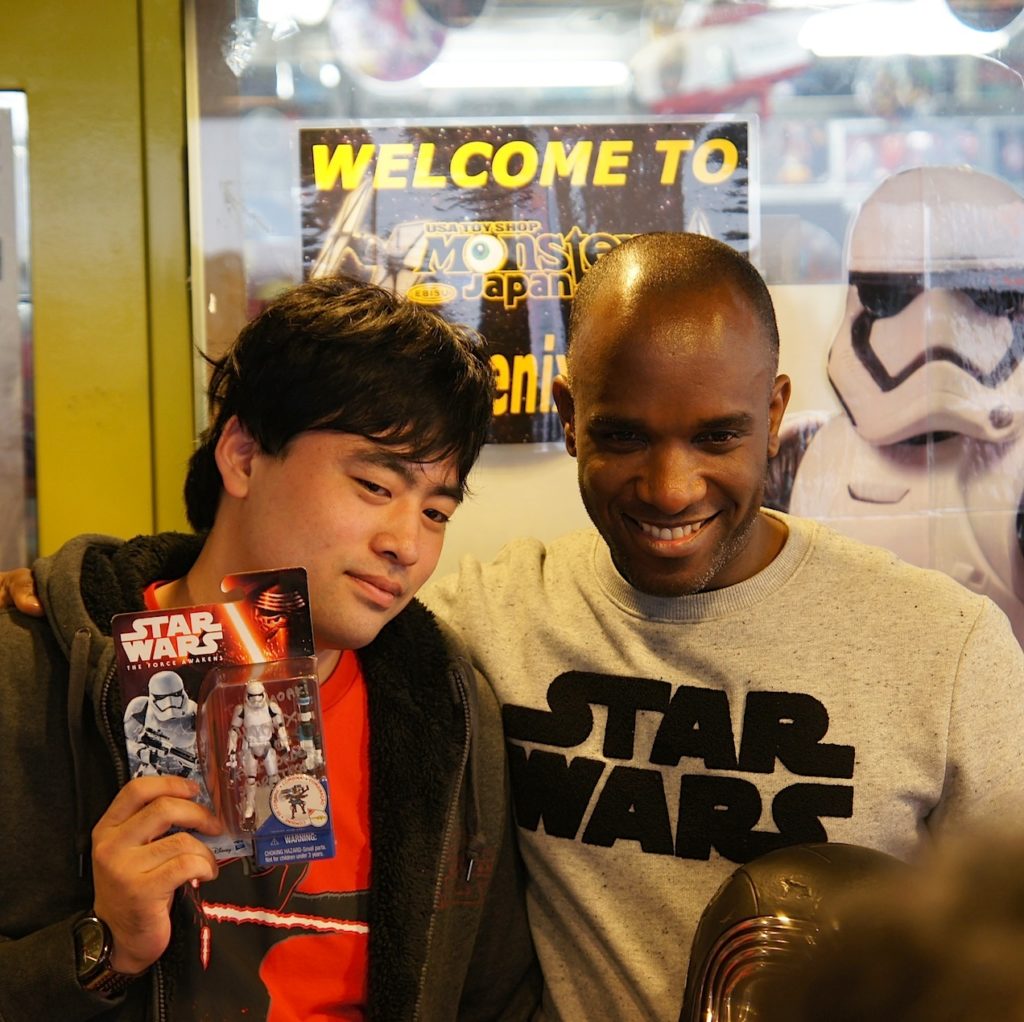 First Order Stormtrooper Actor Phoenix James at Monster Japan Toy Store in Tokyo