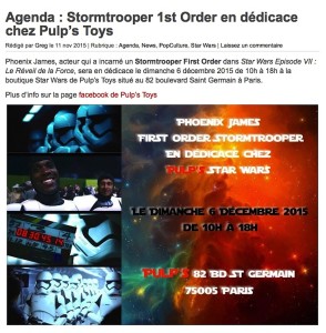 Phoenix James - First Order Stormtrooper - Actor in Star Wars Episode VII at Pulp's Toys, Paris, France - Toyz Mag