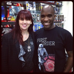 Phoenix James - First Order Stromtrooper Actor at Pulp's Toys in Paris, France with Laurentia - Lola et sa Plume