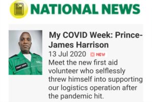 St John Ambulance First Aid Volunteer and Logistics Support member during the COVID-19 crisis - Prince-James Harrison